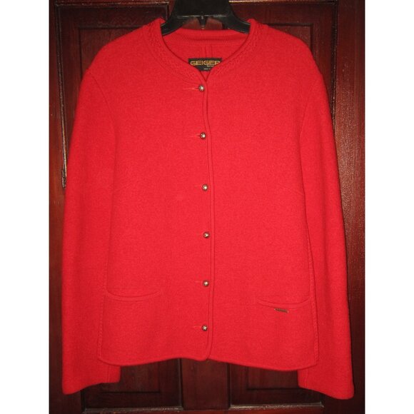 Geiger Tyrol 44 Knit Jacket Blazer Cardigan 100% Wool Button Pockets Red Austria - Picture 1 of 3